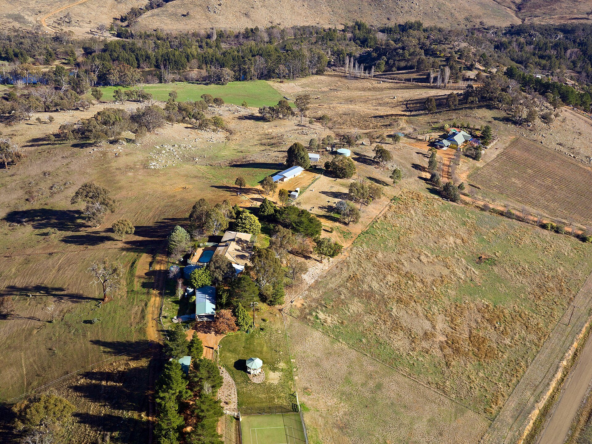Aerial view of green grazing paddocks near Warren, NSW